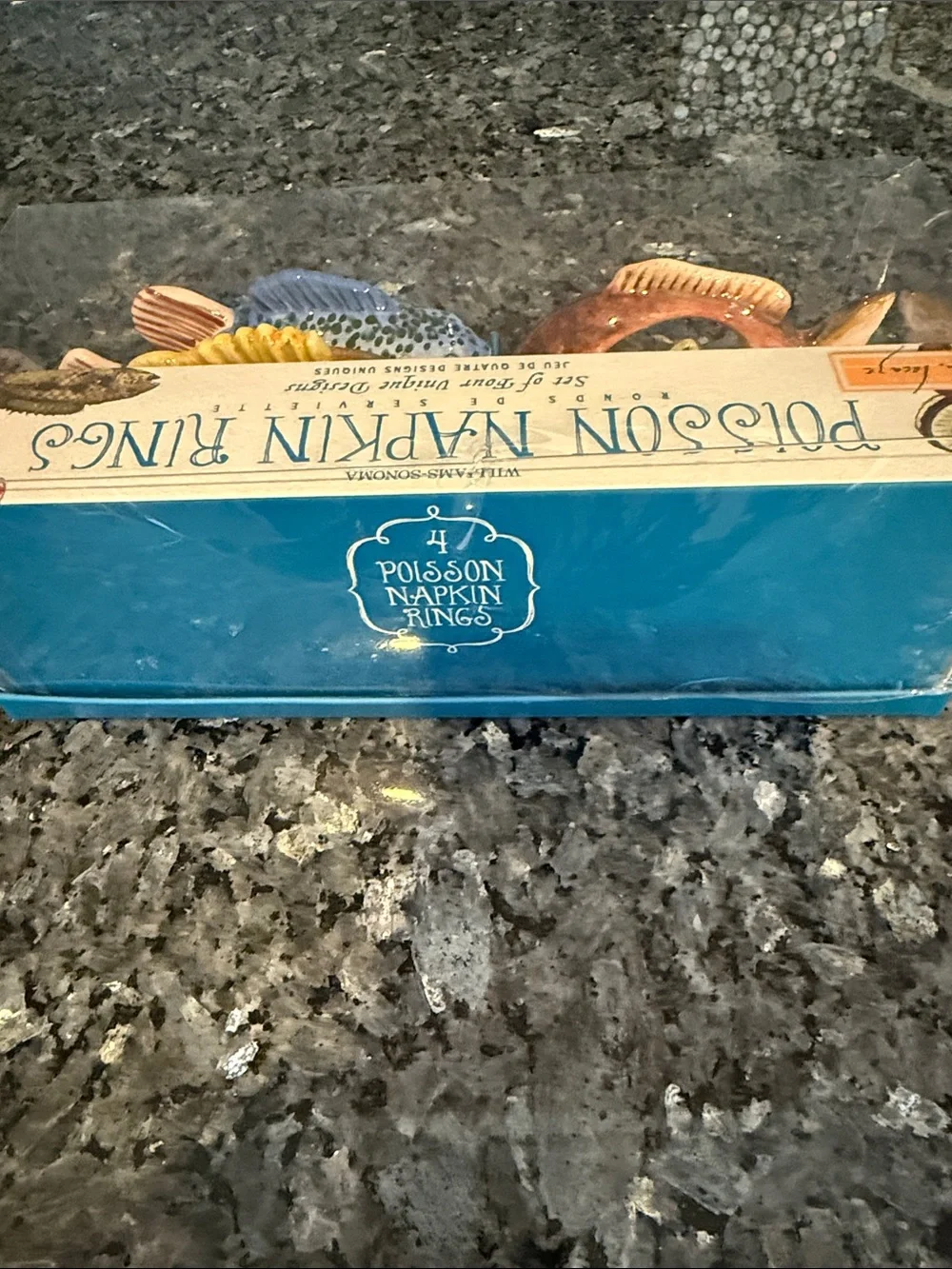 Set of 4 Williams Sonoma “Poisson” Fish Ceramic Napkin Rings in Box